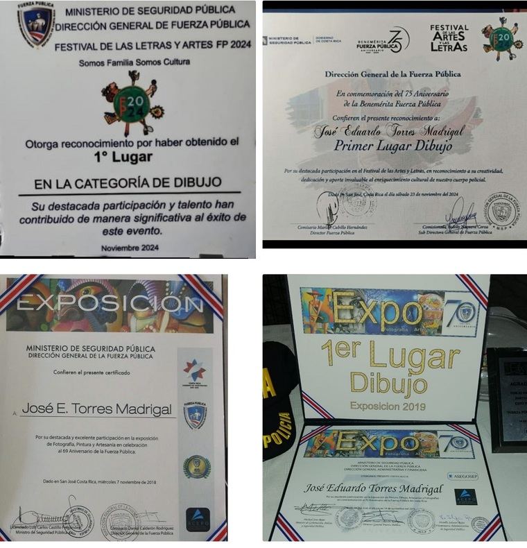 Fotos de los reconocimientos de José Eduardo Torres, otorgados por la Fuerza Pública de Costa Rica; durante 2018, 2019 y 2024, en donde ganó el primer lugar en la categoría de dibujo