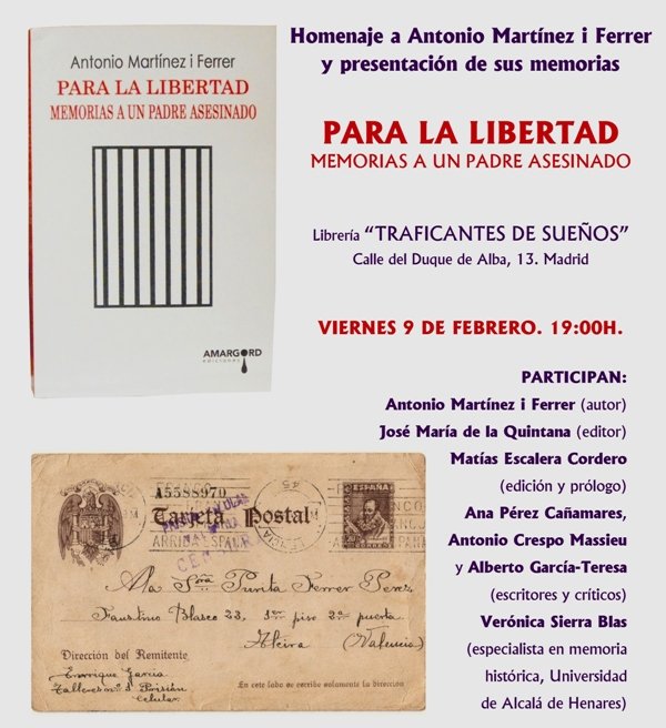 Antonio Martínez i Ferrer presenta sus memorias “Para la libertad: memorias a un padre asesinado”
