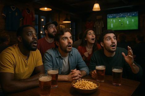 Un grupo de apostadores en un bar deportivo, mirando ansiosamente la pantalla mientras se proyecta un partido de fútbol. El ambiente está iluminado por luces cálidas, con cervezas y papas fritas sobre las mesas. Se pueden ver camisetas de diferentes equipos en las paredes.