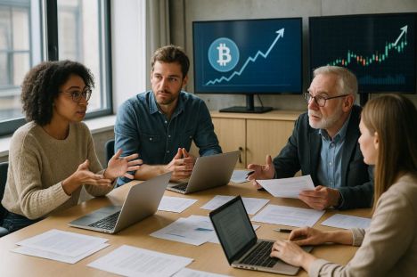 -[Estilo fotográfico realista] Una reunión en una moderna oficina con escritores y editores, discutiendo sobre criptomonedas. La luz natural entra por grandes ventanales, iluminando laptops y papeles esparcidos sobre la mesa. Al fondo, se ven gráficos de crecimiento en pantallas.