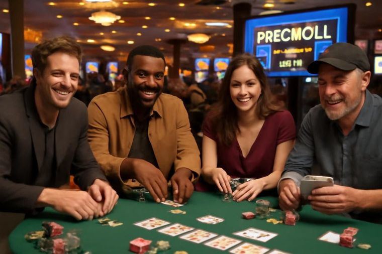 Sala de casino iluminada con luces brillantes y pantallas de torneos, donde un grupo diverso de jugadores sonríe mientras compiten en un freeroll. El ambiente es vibrante, con fichas y cartas esparcidas sobre las mesas, y la luz cálida crea una atmósfera acogedora.