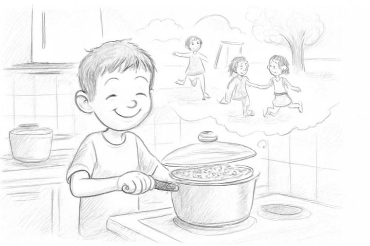 Un niño haciendo palomitas en su cocina, con una expresión sonriente.