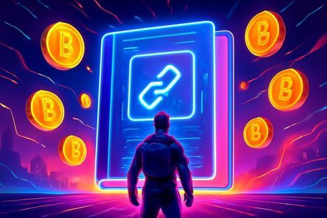 Un paisaje futurista donde un avatar de jugador se encuentra frente a un gran libro digital que simboliza la blockchain, rodeado de monedas virtuales