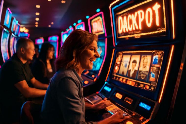 -[Estilo fotográfico realista] Una sala de casino moderna llena de luces brillantes y máquinas tragamonedas, con jugadores emocionados frente a las pantallas. La luz cálida de los neones refleja en sus rostros mientras una máquina muestra un gran premio.