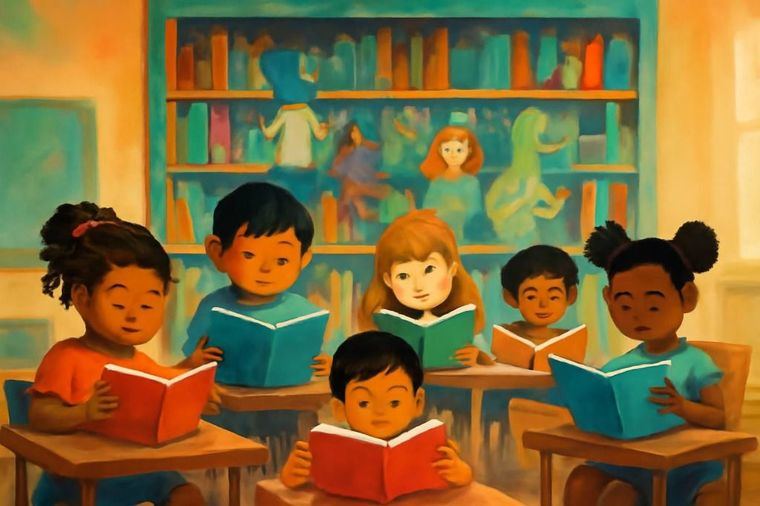 Aula vibrante donde niños de diferentes etnias se sumergen en sus libros favoritos. En el fondo, una gran estantería llena de colores brillantes y personajes literarios