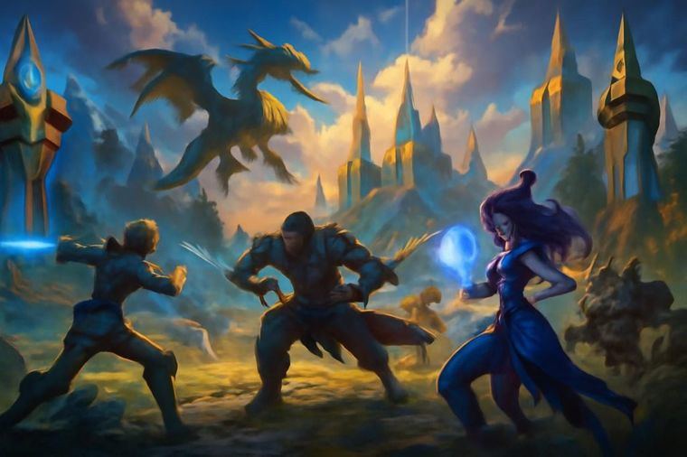 Un paisaje futurista donde los personajes de League of Legends luchan en un campo de batalla vibrante, rodeados de torres y criaturas míticas.