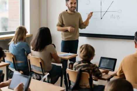 Estudiantes de diversas edades utilizan tabletas en un aula moderna con un profesor en pizarra digital.