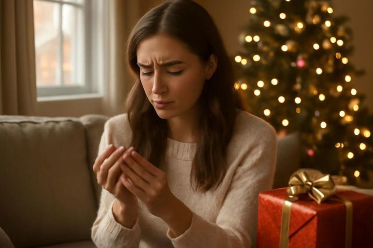 Mujer en salón decorado con luces navideñas