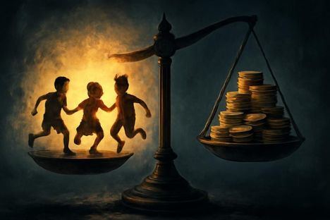 Balanza desequilibrada: un lado con monedas y otro con niños jugando, simboliza desigualdad social y económica.
