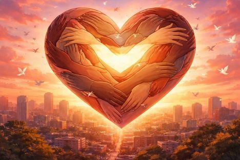 Corazón gigante de manos entrelazadas flota sobre un paisaje urbano al atardecer, rodeado de aves que simbolizan paz.