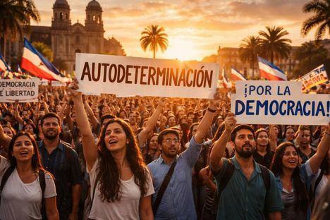 Manifestantes en una plaza latinoamericana exigen autodeterminación y democracia al atardecer, unidos en paz.