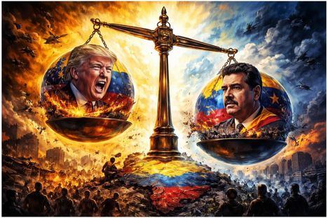 Ilustración digital simboliza el conflicto en Venezuela con una balanza entre Trump y Maduro, colores vibrantes y oscuros.