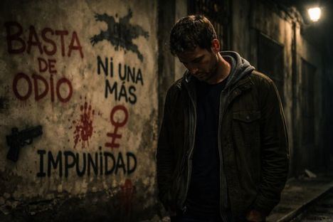 Un hombre triste se encuentra en una calle oscura, rodeado de graffiti que denuncia la violencia y el odio.