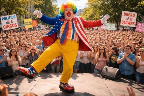 Multitud aplaude en plaza pública mientras un payaso político baila