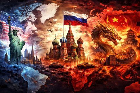 Mapa del mundo dividido en EE.UU., Rusia y China, con símbolos icónicos