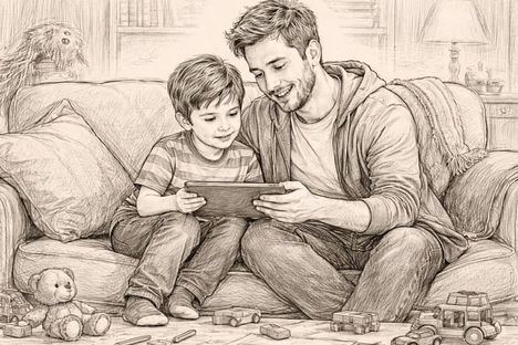 Un padre y su hijo comparten un momento en el sofá, revisando una tablet sobre redes sociales y recreando un ambiente familiar.