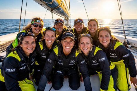 Tamara Echegoyen y su tripulación femenina sonríen en la cubierta de un maxitrimarán al atardecer.