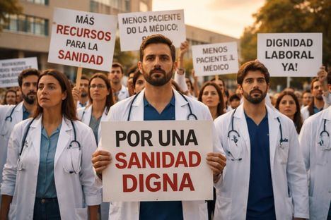 Médicos en España protestan frente a un hospital, exigiendo mejoras laborales con carteles al atardecer.