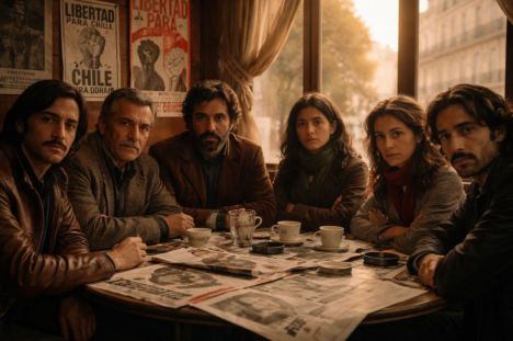 Actores chilenos exiliados en París debaten sobre su arte en un café, rodeados de carteles de protesta.