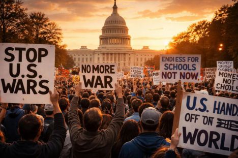 Manifestantes en Washington D.C. critican la política exterior de EE.UU. frente al Capitolio al atardecer.