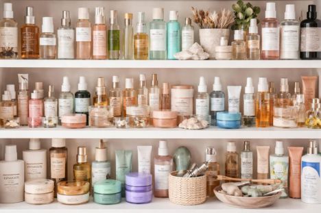 Estante con frascos de productos de belleza organizados y etiquetados en una tienda especializada.