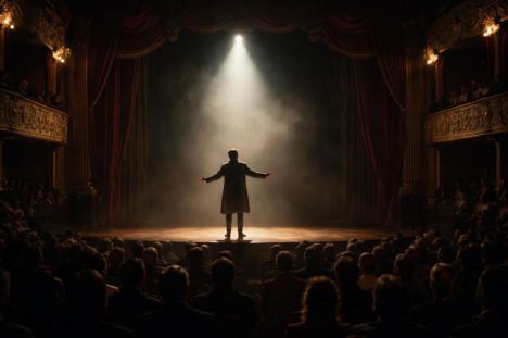 Actor en el centro del escenario de un teatro antiguo, rodeado de un público atento y sombras dramáticas.