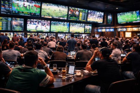 Sala de apuestas con pantallas de eventos deportivos en vivo y apostadores concentrados en un ambiente tenso.