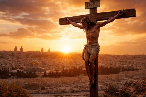 Atardecer en Jerusalén con la cruz de Jesús en primer plano, simbolizando momentos de la Pasión.