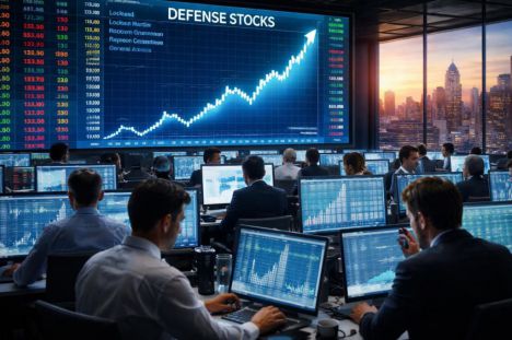 Corredores de bolsa analizan datos en una sala de operaciones mientras un gráfico muestra el alza de acciones armamentísticas.