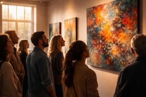 Asistentes en una galería de arte contemplan un cuadro abstracto mientras la luz del atardecer los ilumina.