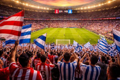 Aficionados del Atlético de Madrid y la Real Sociedad llenan el estadio durante un emocionante partido al atardecer.