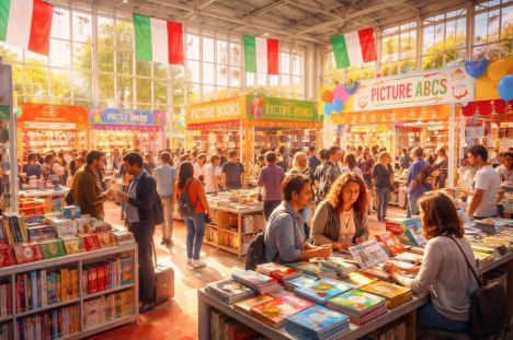 Autores y editores intercambian ideas en la Feria de Bolonia, rodeados de coloridos stands de libros infantiles.