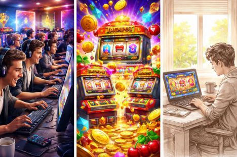 Jugadores compiten en un torneo de slots online, concentrados frente a pantallas en un ambiente iluminado.