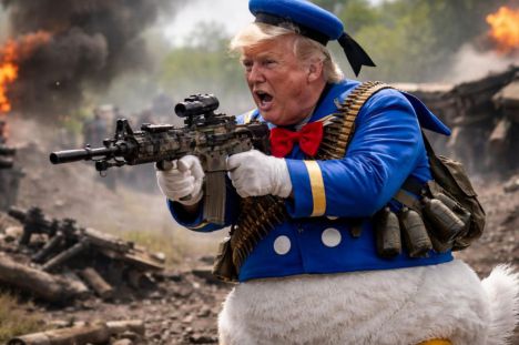 Donald Trump, disfrazado de Pato Donald, simula una batalla en un ambiente recreativo.