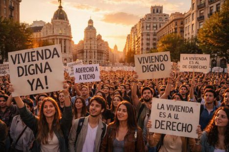 Jóvenes participan en una manifestación pacífica en Madrid, exigiendo vivienda digna bajo la luz del atardecer.