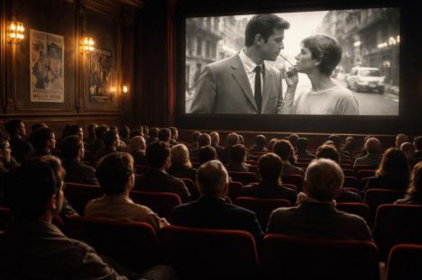 Cine antiguo en París proyecta película de la Nouvelle Vague; público de todas las edades observa atentamente.