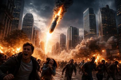 Una bomba atómica cae sobre una ciudad moderna, mientras la gente corre aterrorizada bajo un cielo oscuro.