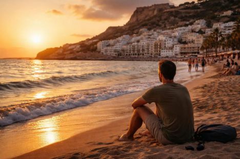 Atardecer en la playa de Alicante, con el autor contemplando el horizonte y olas suaves en la orilla.