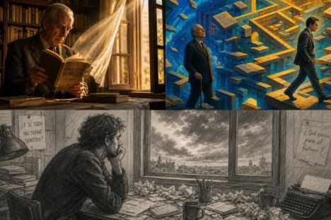 Un hombre mayor hojea un libro en una biblioteca antigua mientras la luz del atardecer ilumina estanterías llenas.