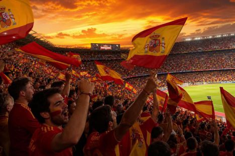Aficionados en un estadio ondean banderas españolas mientras se preparan para el inicio del partido al atardecer.