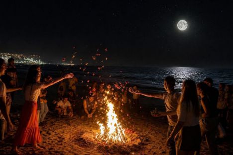 Personas lanzan flores a una fogata en la playa, celebrando la noche de San Juan bajo la luna llena.