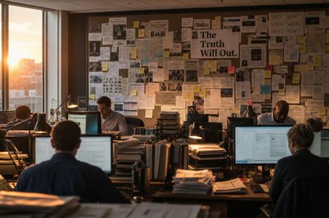 Periodistas trabajan en la sala de redacción al atardecer, rodeados de notas y recortes de prensa en la pizarra.