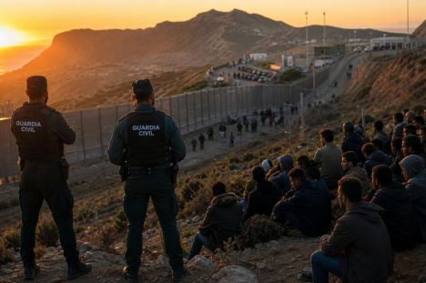 Guardias fronterizos observan mientras migrantes esperan en el lado marroquí al atardecer, entre montañas.