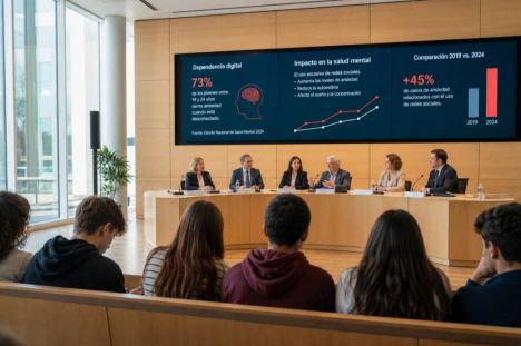 Jóvenes en el banquillo durante audiencias sobre redes sociales y salud mental, con panel de expertos al fondo.