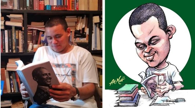 Carlos Javier Jarquín lee la biografía de Barack Obama, (diciembre 2020). La caricatura es obra del pintor Atilio Munguía (marzo 2021)