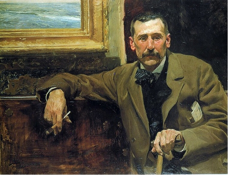 Retrato de Pérez Galdós con 51 años, realizado por Sorolla en 1894 (y usado en su día como imagen distintiva del billete de mil pesetas, lo que lo hizo muy popular). En él se representa al escritor sentado en un banco, en cuyo respaldo apoya el brazo derecho; en la mano derecha sostiene un cigarro con boquilla, y con la mano izquierda agarra la empuñadura de su bastón. De la pared situada a su espalda cuelga un cuadro que representa una marina, en clara alusión al origen canario del escritor. Adquirido por el Cabildo de Gran Canaria -en 1973-, hoy se puede contemplar en la casa museo del escritor, en su ciudad natal (Las Palmas).