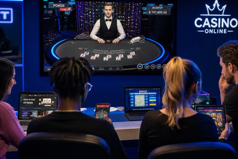 Jugadores de diversas edades participan en un casino en l?nea, con un crupier en vivo y dispositivos variados.