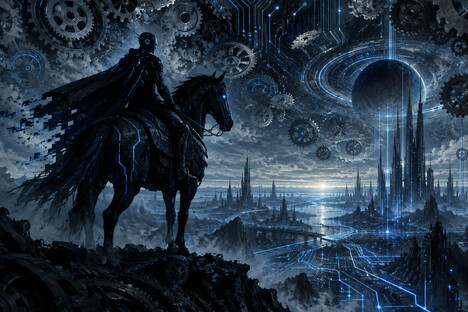 Un jinete oscuro representa la inteligencia artificial en un paisaje tecnol?gico lleno de circuitos y engranajes. Imagen generada con IA de OpenAI