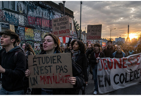 Estudiantes marchan en la periferia de Par?s con pancartas, bajo un cielo nublado y grafitis de protestas. Imagen generada con IA de OpenAI
