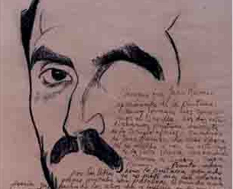 Dibujo de Juan Ramón Jiménez por Vázquez Díaz, con anotaciones en las que el pintor recuerda los años sevillanos en que conoció al poeta.